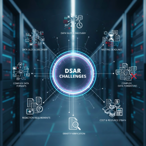 Visualizing common DSAR management challenges like data silos and redaction.