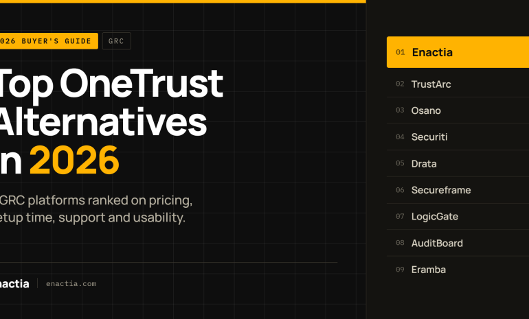Hero banner for an article: 'Top OneTrust Alternatives in 2026' with a right-side ranked list, first item Enactia highlighted in yellow.